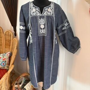 Roberta ROLLER RABBIT Abigail Indigo Blue Cotton Tunic Dress. White Embroidery!